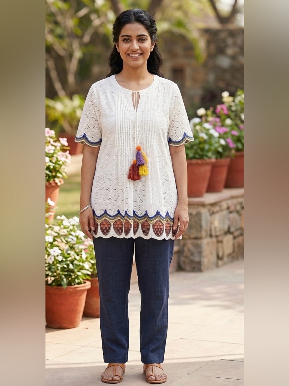 Hemant & Nandita White Eyelet Tassel Tunic‎ Top XL Boho Scallop Embroidered